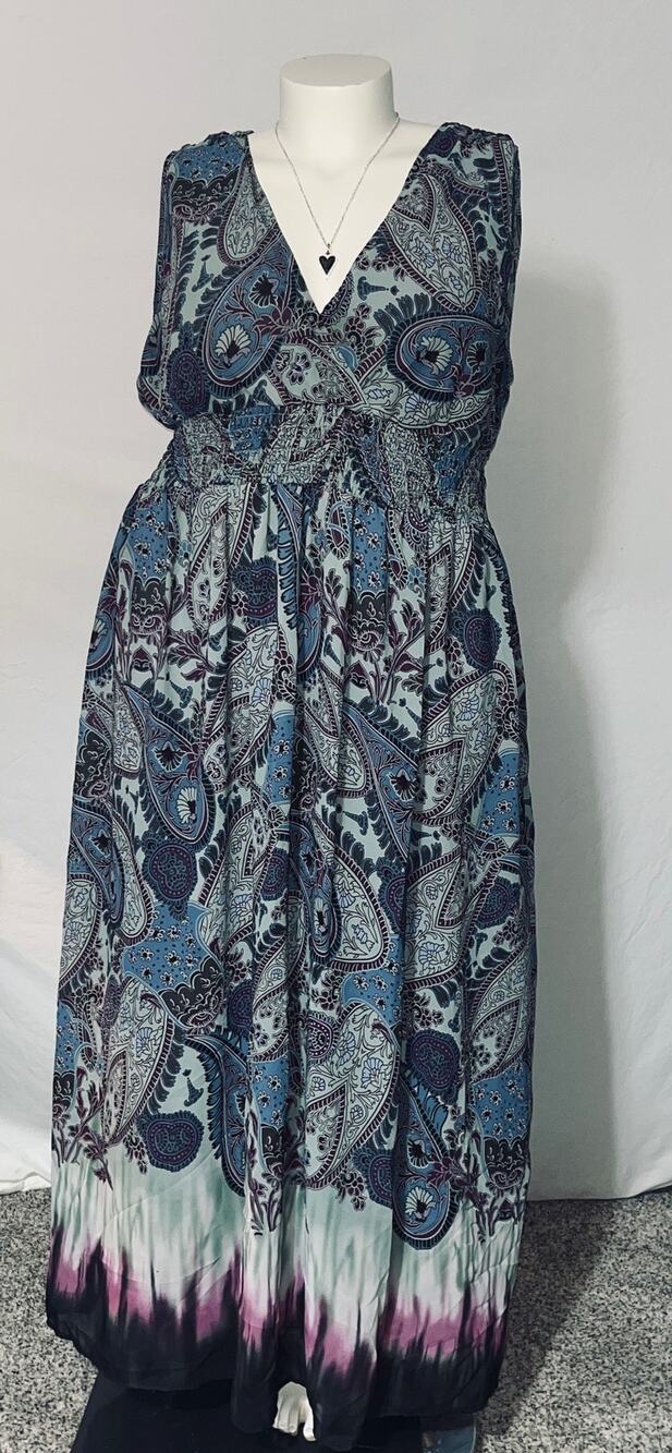 Mlle Gabrielle Paisley Tie Dye Maxi Dress Womens 1X Blue Purple V Neck Smocked